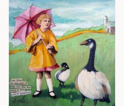 Take a Gander - girl spring day farm geese mixed media